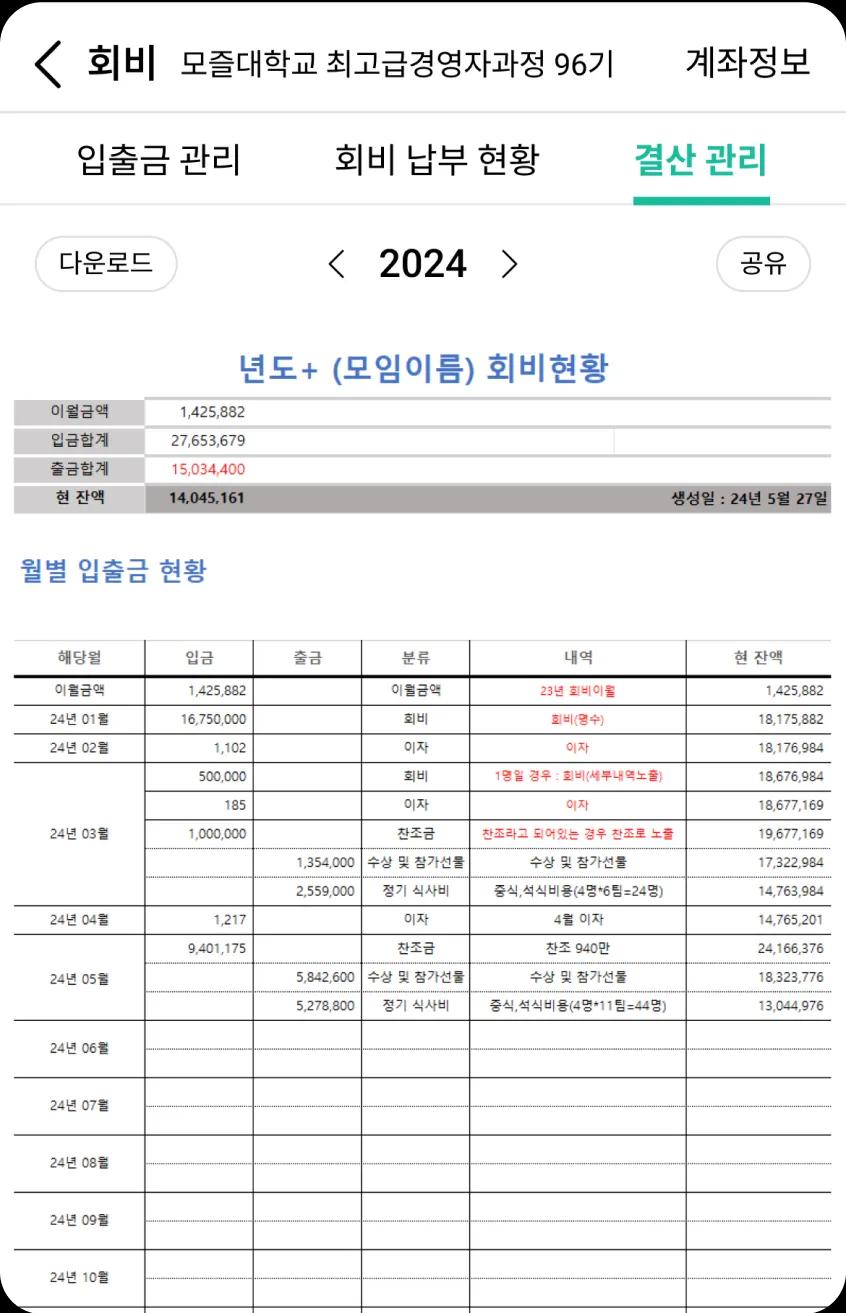 자동 생성된 결산 보고서 화면
